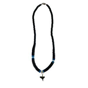 Vintage Black & Blue Beaded Necklace With Shark Tooth Pendant Surfer Beach
